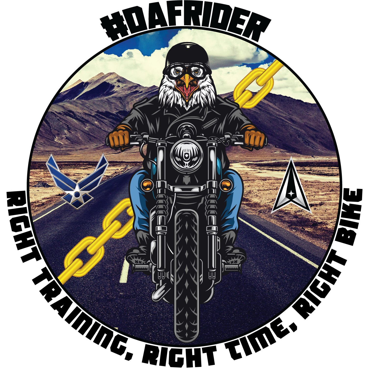 DAFRider Logo - Eagle on Motorcycle riding with mountains in background
